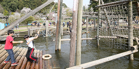 千葉県野田市の清水公園フィールドアスレチック　水上ターザン