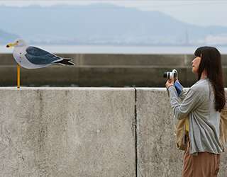 女木島に設置された瀬戸内国際芸術祭の作品「カモメの駐車場」木村崇人を撮影する女性
