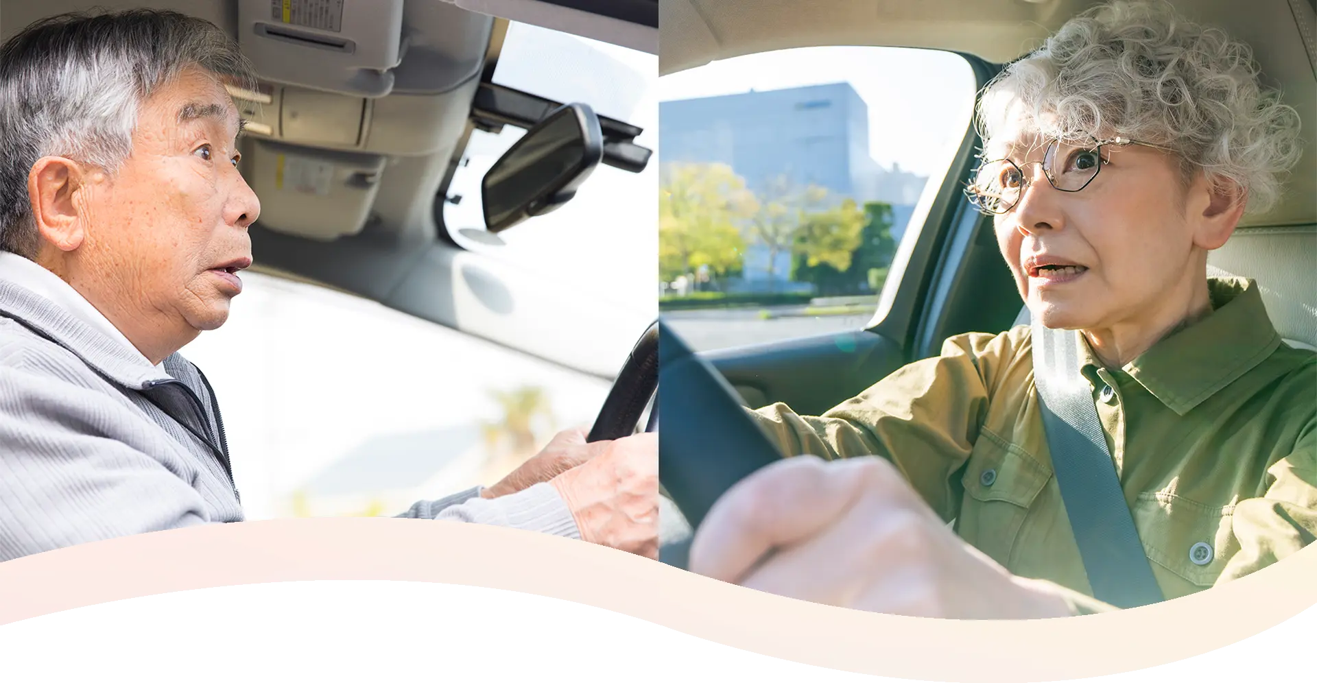 車を運転中にヒヤリとする場面に遭遇し、驚いた表情を浮かべるシニア世代の男女