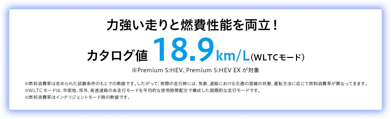 力強い走りと燃費性能を両立！カタログ値18.9km/L（WLTCモード）※Premium S:HEV、Premium S:HEV EXが対象