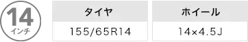 直径14インチ。タイヤ「155/65R14」ホイール「14×4.5J」