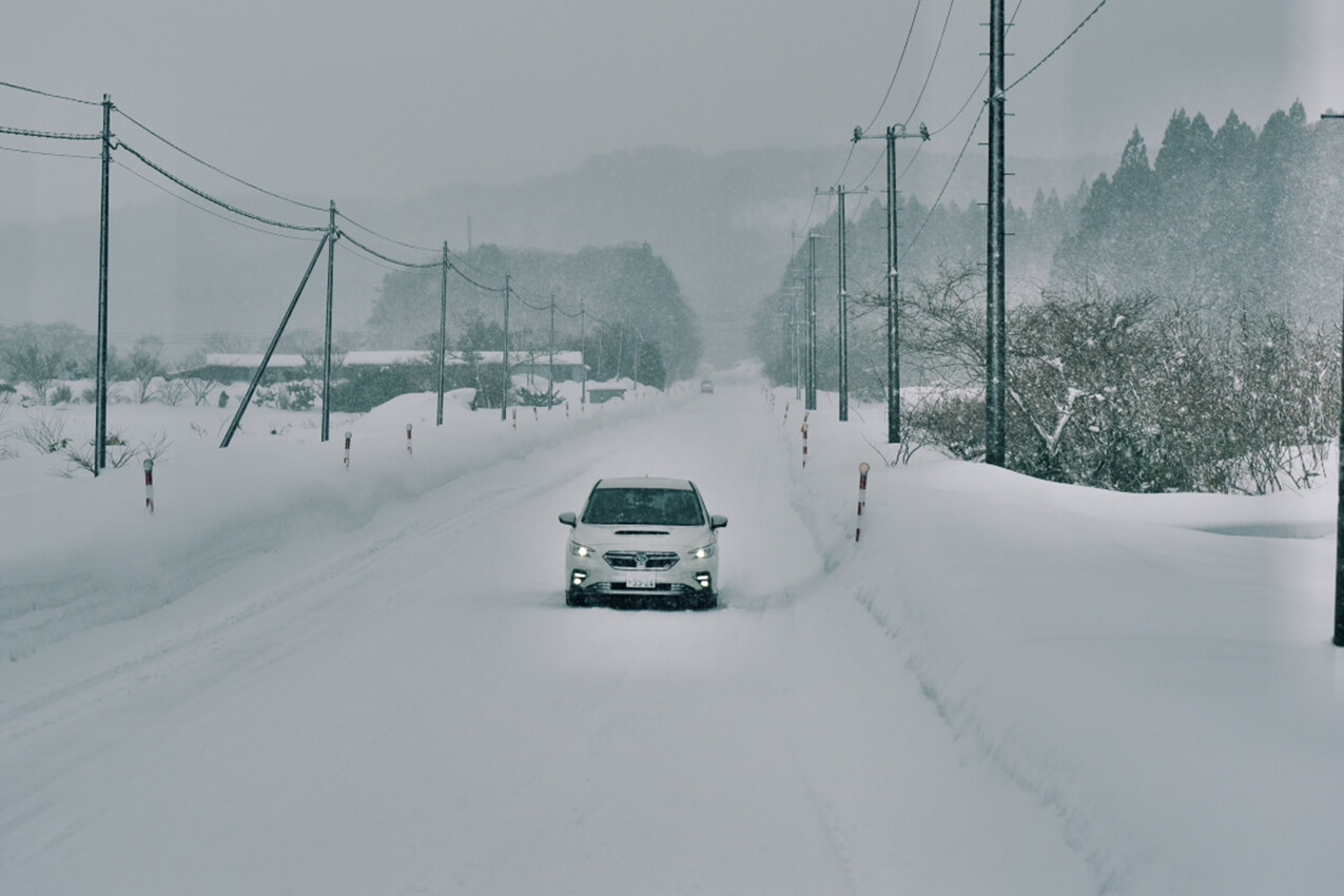 青森県 地吹雪の中、走るレヴォーグ(クリスタルホワイトパール) | SUBARU グランドツーリングNIPPON