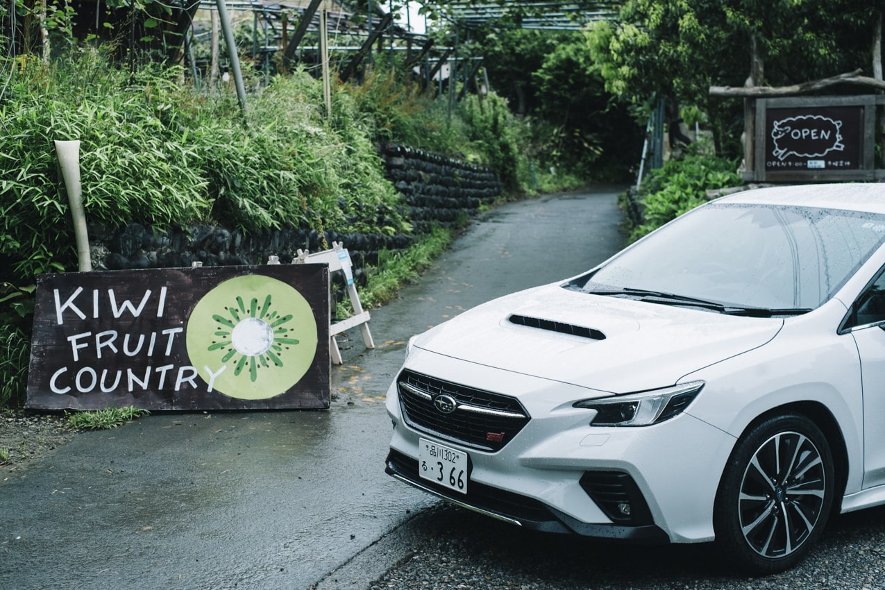静岡県 キウイフルーツカントリーJapanの入り口に佇むレヴォーグ（セラミックホワイト） | SUBARU グランドツーリングNIPPON