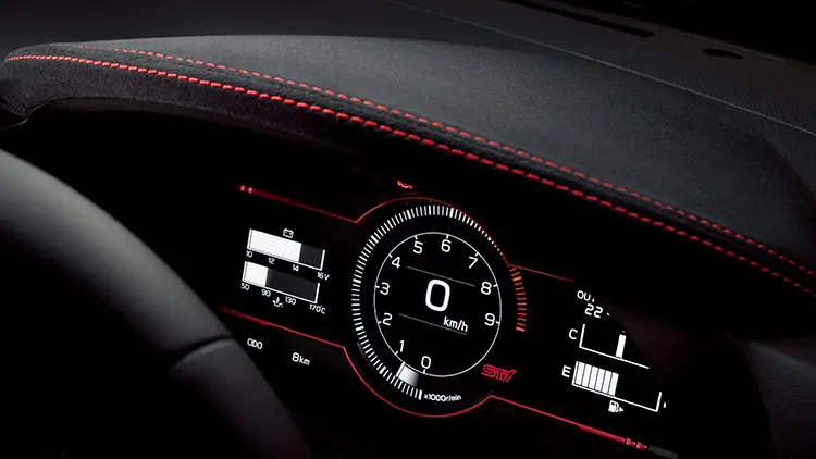 SUBARU BRZ STI Sport　メーターバイザー［ブランノーブ®表皮巻（レッドステッチ）］/BOXERメーター（ボルドーリング加飾、STIロゴ入り）