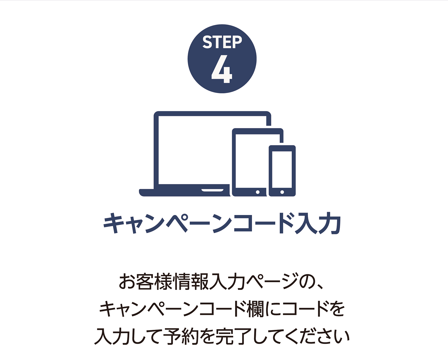 STEP4：キャンペーンコード入力（お客様情報入力ページの、キャンペーンコード欄にコードを入力して予約を完了してください）