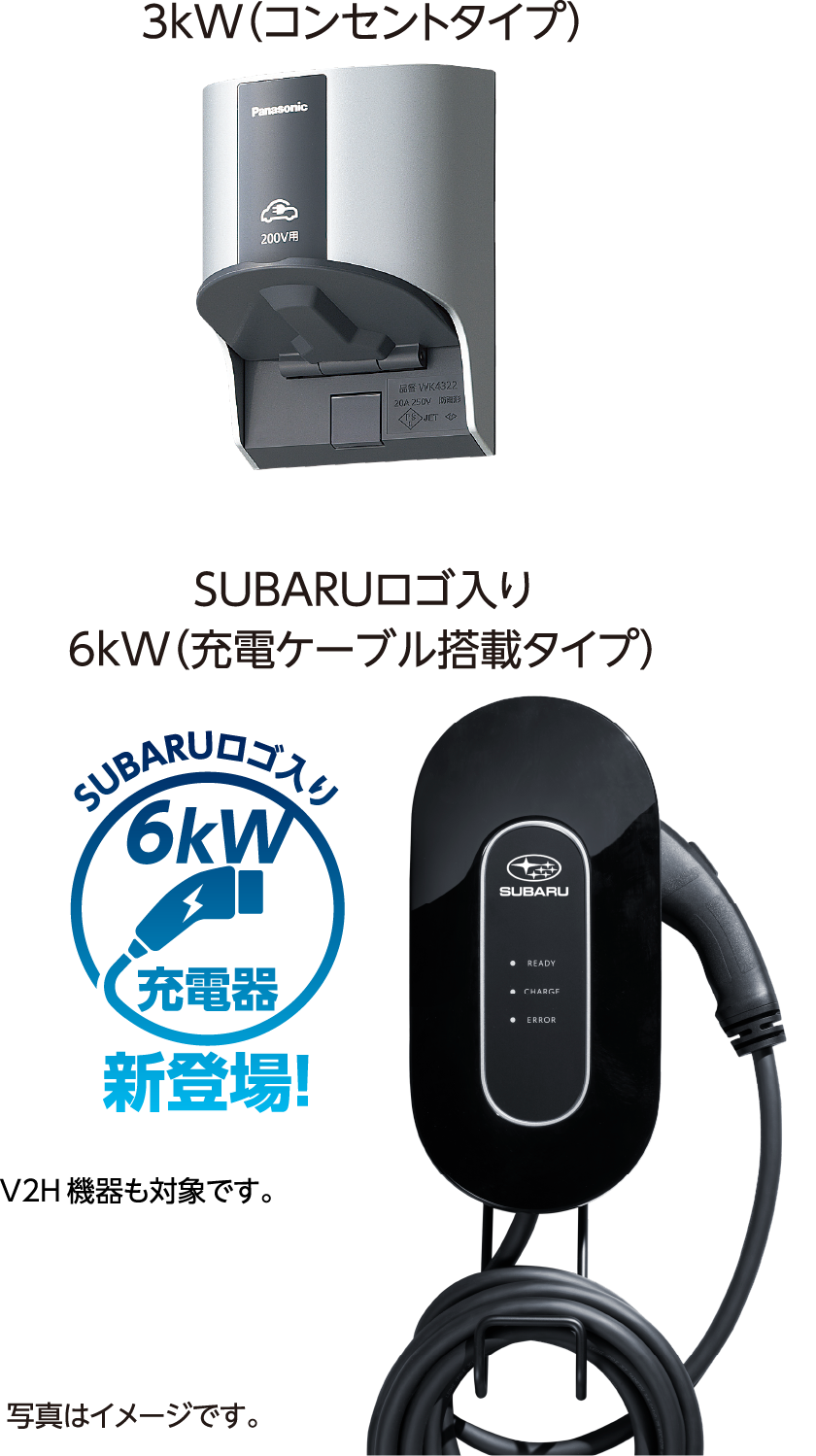 3kW（コンセントタイプ、V2H機器も対象です）SUBARUロゴ入り6kW（充電ケーブル搭載タイプ）イメージ