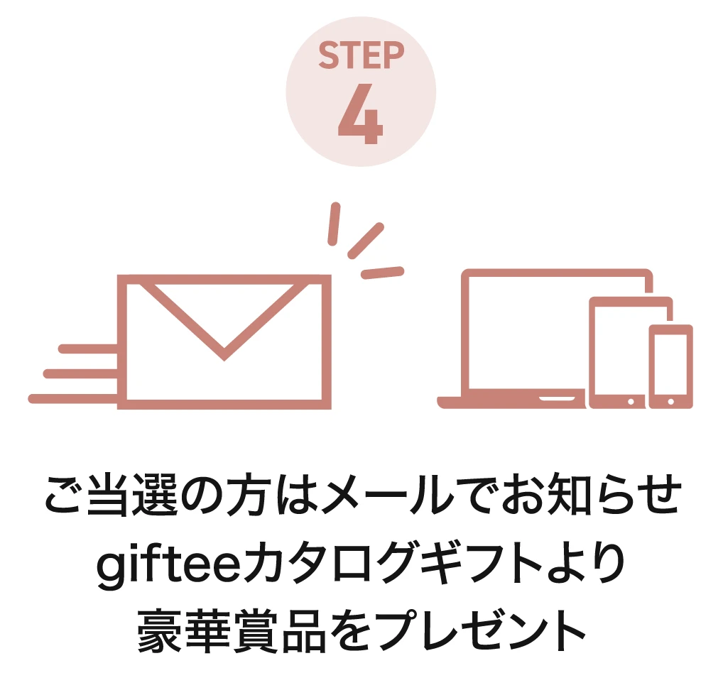 STEP4：ご当選の方はメールでお知らせ gifteeカタログギフトより豪華賞品をプレゼント