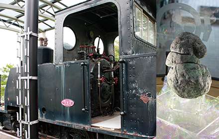 カートピア12月号で訪れたフォッサマグナミュージアムの前庭に展示されていた蒸気機関車「くろひめ号」 / エントランスに展示されていた『奇跡の三連結ヒスイ』
