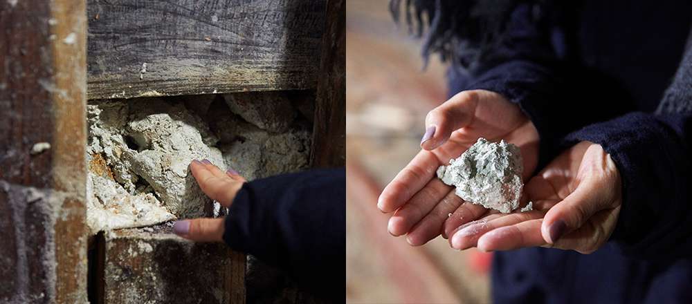 坑道の壁で見つけた白い絹雲母の原鉱石手にとると年度のような感触で水分を含んでいます。