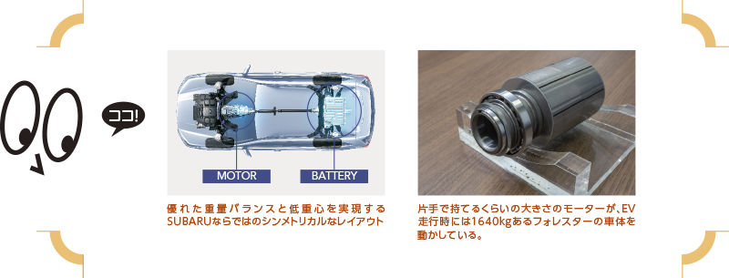 優れた重量バランスと低重心を実現するSUBARUならではのシンメトリカルなレイアウト（左）片手で持てるくらいの大きさのモーターが、EV走行時には1640kgあるフォレスターの車体を動かしている。（右）