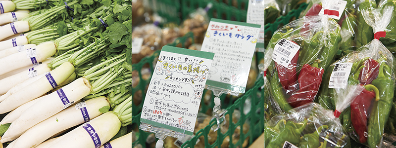「旬の駅京都店」の店内には新鮮な地元の野菜が数多く並ぶ。ところどころに添えられたレシピが献立の参考になりありがたい。