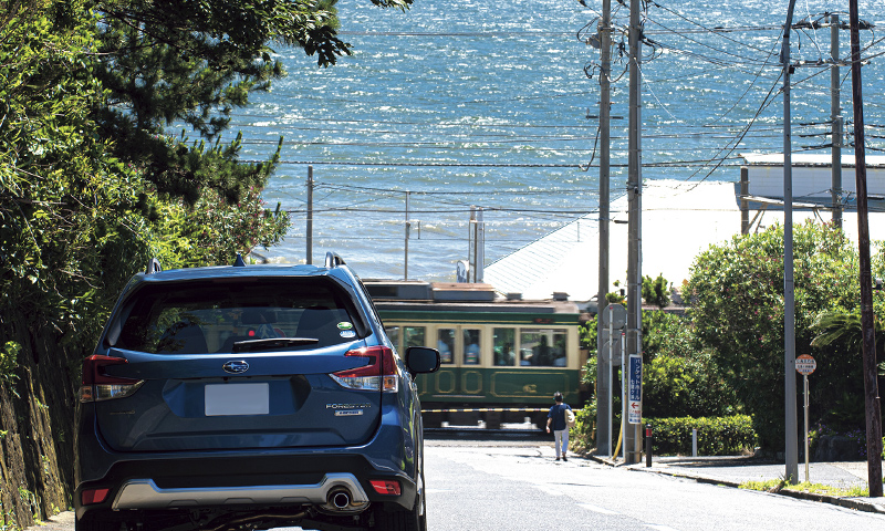 七里ヶ浜を見下ろす坂道の上から江ノ電が見えた。