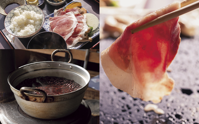雁坂みち沿いにある民芸茶屋「清水」では、希少価値の高いいのぶた料理を味わうことができる。おすすめはここでしか味わえない富士山の溶岩プレートを使用した「いのぶたバーベキュー定食」（¥1500）。他にいのぶた鍋やいのぶた肉めしや甲州の名物料理、鳥もつ煮、いわな炭火焼などもある。