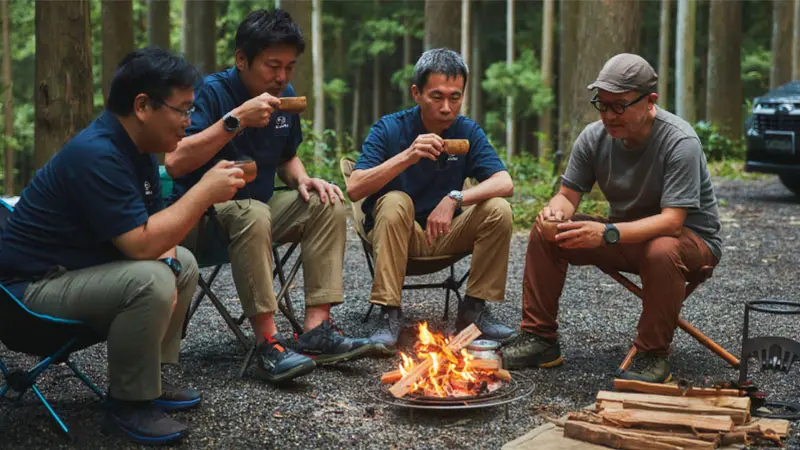 カートピア 焚き火を囲みながらコーヒーを飲む様子 | SUBARU