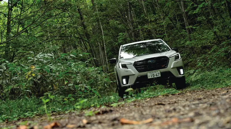 カートピア 舗装されていない森の中を走行するフォレスター | SUBARU