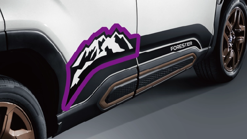 カートピア フォレスターの右サイド斜め後方から見たドアアンダーデカール（マッキンリー山）② | SUBARU