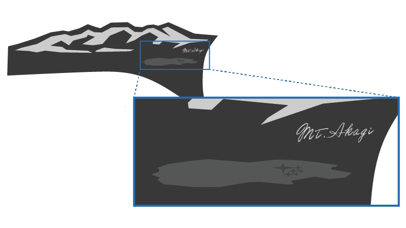 カートピア 赤城山の車両左側用デカール。麓にはSUBARU群馬製作所がある群馬県太田市のシルエットが描かれ、その中にある6つの星はSUBARUの開発・生産拠点がある場所を示している | SUBARU