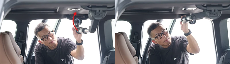 カートピア リヤ席アシストグリップに取り付けたスマートバーを回転させている様子 | SUBARU