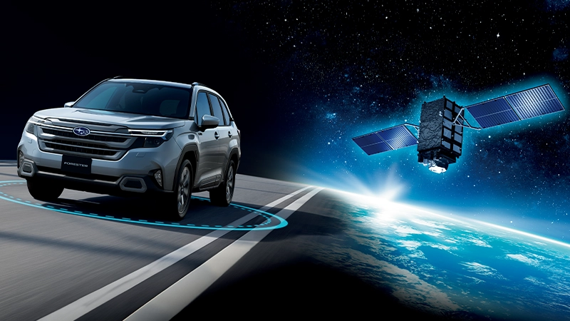 カートピア 新型フォレスターがアイサイトXにより衛星と連携して走行するイメージ。 | SUBARU