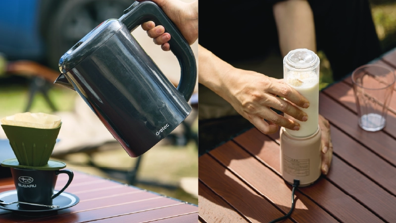 カートピア 電気ポットでコーヒーを淹れる様子と、ブレンダーでフルーツジュースを作る様子。 | SUBARU