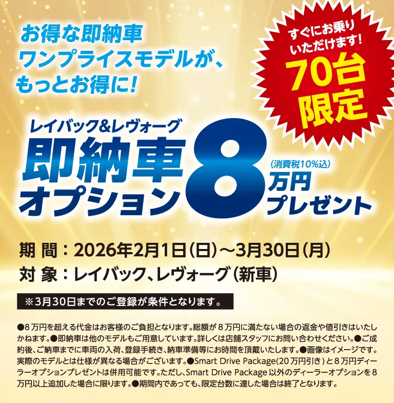 レイバック＆レヴォーグ即納車オプション8万円プレゼント