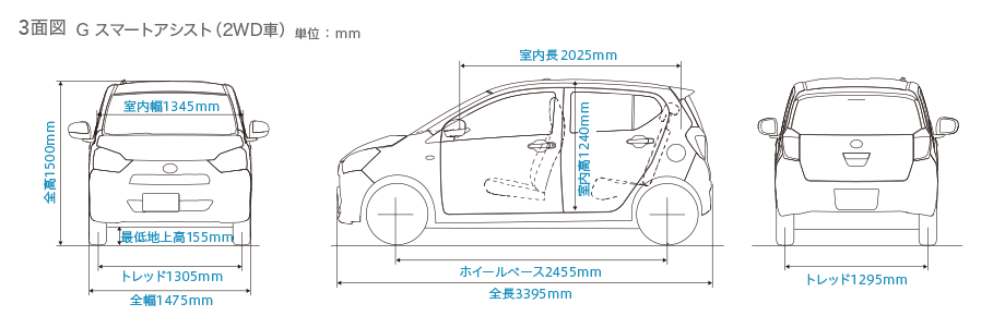 3面図　G スマートアシスト（2WD車） 単位：mm