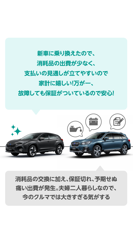 新車に乗り換えたので、消耗品の出費が少なく、支払いの見通しが立てやすいので家計に嬉しい！万が一、故障しても保証がついているので安心！