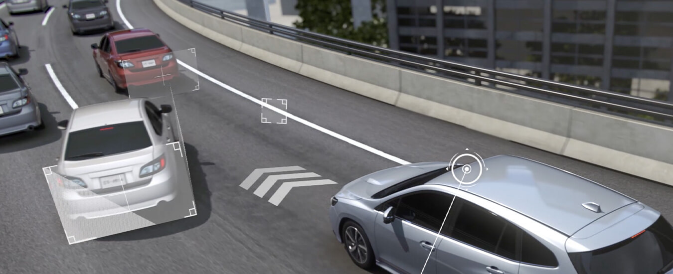 高速道路での渋滞時に前のクルマや白線を認識するSUBARUの先進安全技術アイサイトX