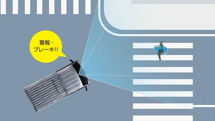 サンバートラック　交差点右折時の直進対向車・右左折時の対向方向から来る横断歩行者検知機能