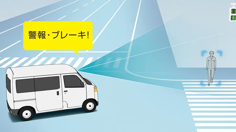 サンバーバン　交差点右折時の直進対向車・右左折時の対向方向から来る横断歩行者検知機能