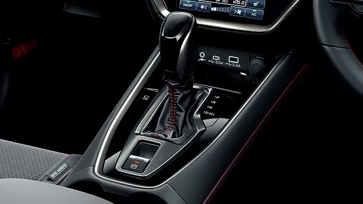 WRX S4 STI Sport R-Black Limited　センタートレイ加飾［ダークキャストメタリック、ブラック表皮巻（レッドステッチ）］